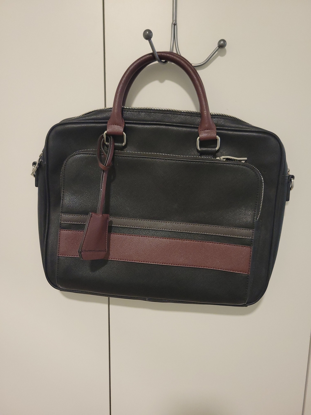 Black and Burgundy Leather Laptop Briefcase - Professional Carry